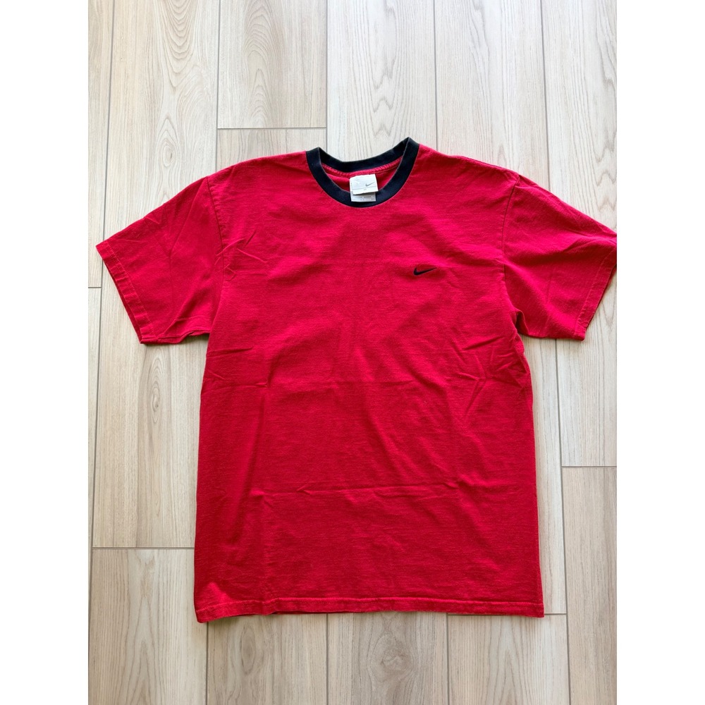 2000s Vintage Nike T-Shirt Mens Medium Red Black Ringer Embroidered Swoosh Logo